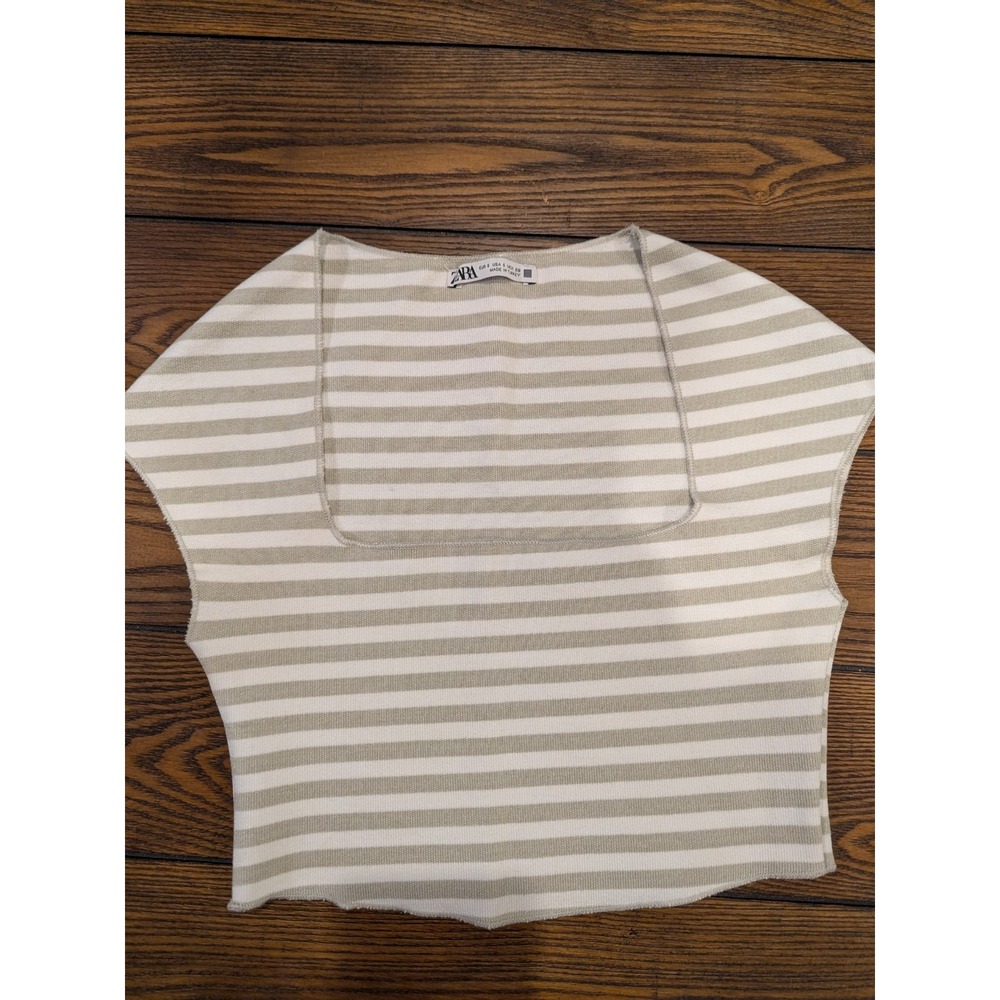Zara Women's Cap Sleeve Crop Top Grey / White‎ Stripe Size Small Stretchy - Picture 2 of 9
